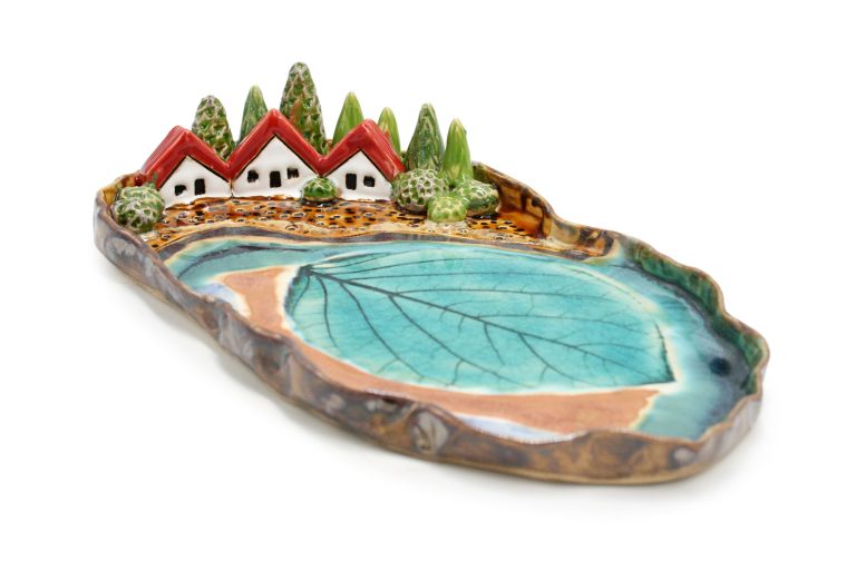 Ceramic unique small platter with houses