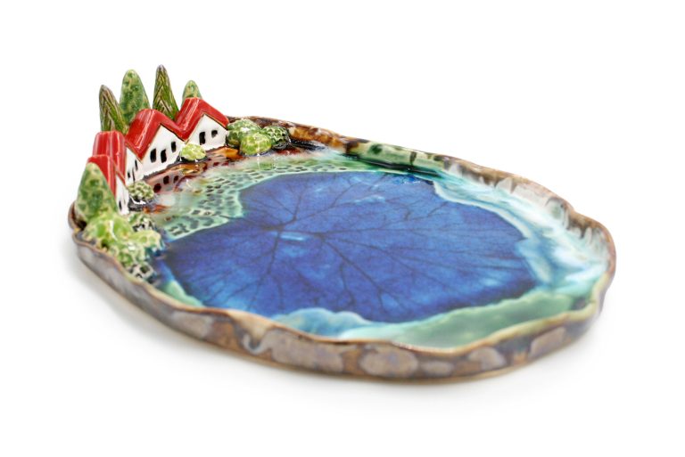 Unique ceramic platter with sapphire leaf
