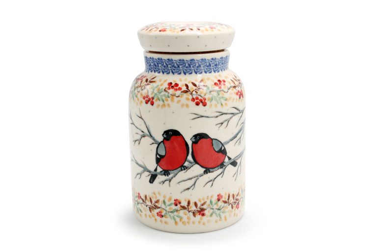 Wide coffee container bullfinches pattern ceramics Boleslawiec