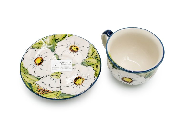 Unique White Flowers teacup, Boleslawiec Ceramics