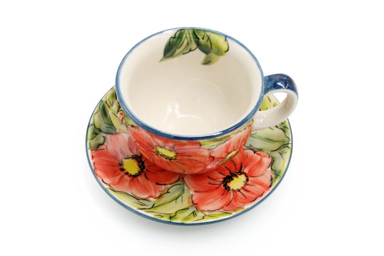 Unique Red Flowers teacup, Boleslawiec Ceramics