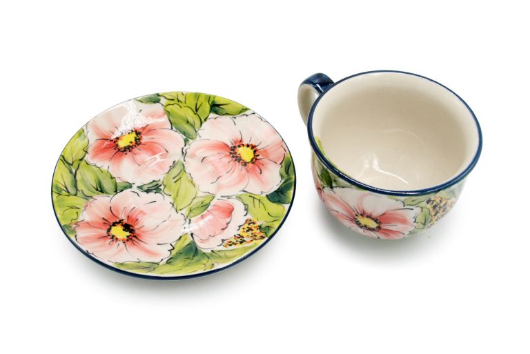 Unique Pink Flowers cup, Boleslawiec Ceramics