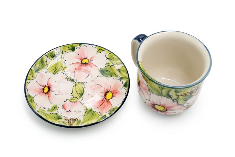 Large unique cup Pink Flowers, Boleslawiec Ceramics