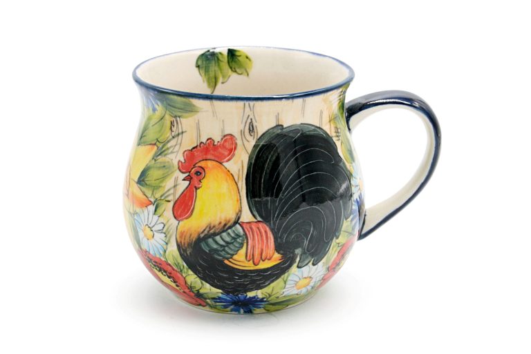 Large unique mug Rooster in the Meadow, Ceramics Boleslawiec
