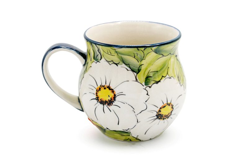 Unique White Flowers Mug, Boleslawiec Ceramics