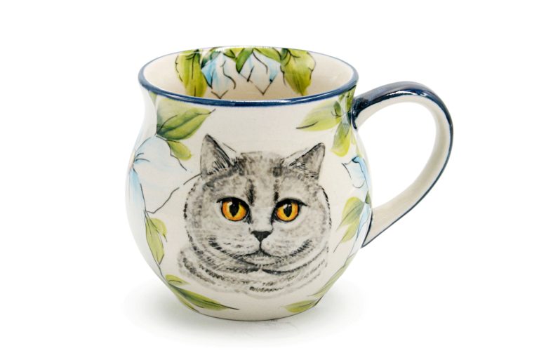 Unique British Cat Gray mug, Boleslawiec Ceramics