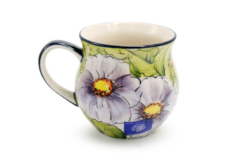 Unique Mug Purple Flowers, Ceramics Boleslawiec