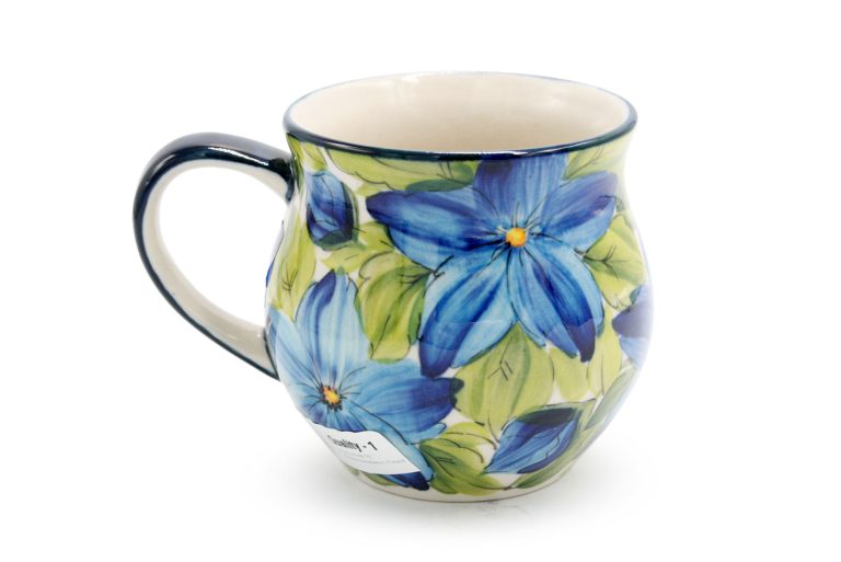 Unique Peacock and Blue Flowers Mug, Boleslawiec Ceramics