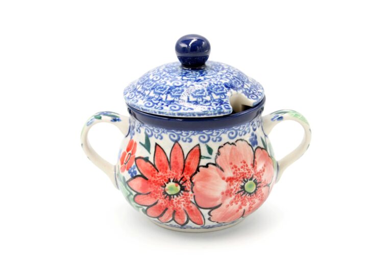 Red Flower sugar bowl, Ceramika Boleslawiec