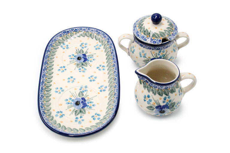 Set of sugar bowl and creamer, Bright Bratki pattern, Ceramika Boleslawiec