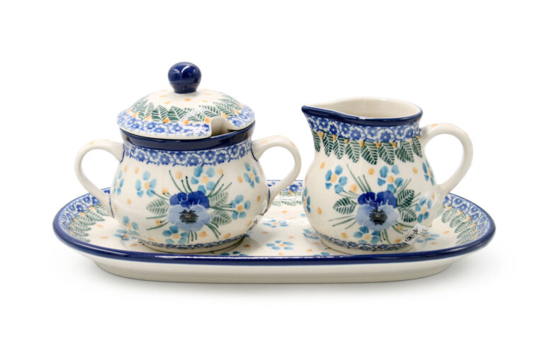 Set of sugar bowl and creamer, Bright Bratki pattern, Ceramika Boleslawiec