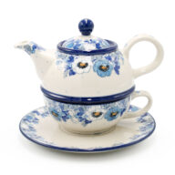 C01 Set round teapot with cup White and Blue Flowers, Ceramika Boleslawiec