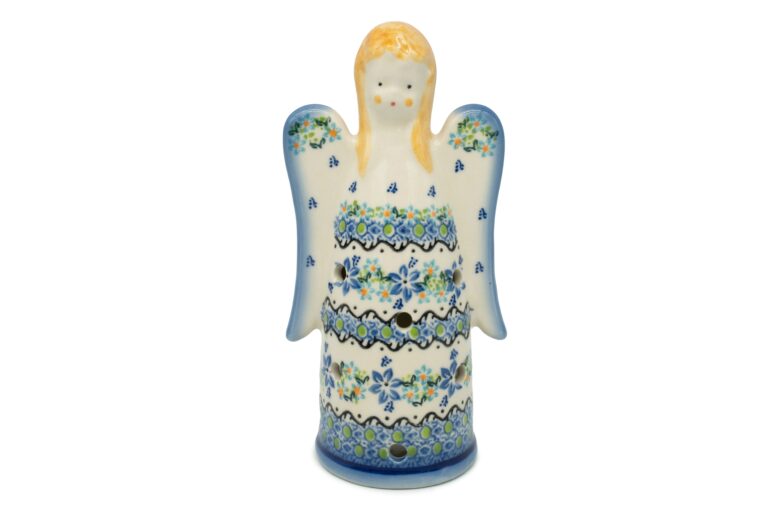 Ceramiczny anioł na świeczkę Niebieskie Wianuszki, Ceramika Bolesławiec