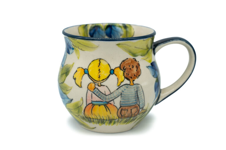 MF Unikatowy kubek Chłopiec, Dziewczynka i Szafirowe Kwiaty, Ceramika Bolesławiec