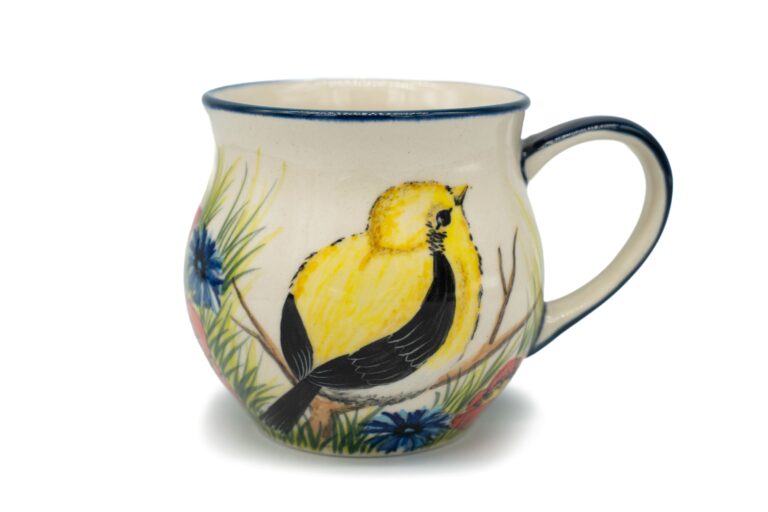 Unikatowy kubek Żółty Ptaszek i Łąka, Ceramika Bolesławiec