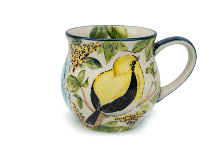 Unikatowy kubek Żółty Ptaszek i Niebieskie Kwiaty, Ceramika Bolesławiec