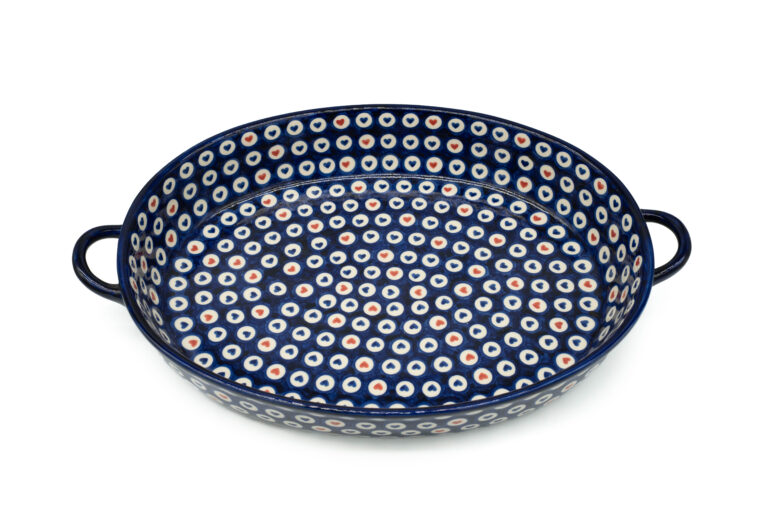 Ogromny zapiekacz owalny z uszami Niebieskie Serduszka, Ceramika Bolesławiec