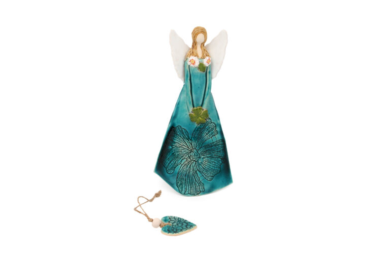 Unikatowy anioł w seledynowej sukni z koniczynką + Zawieszka