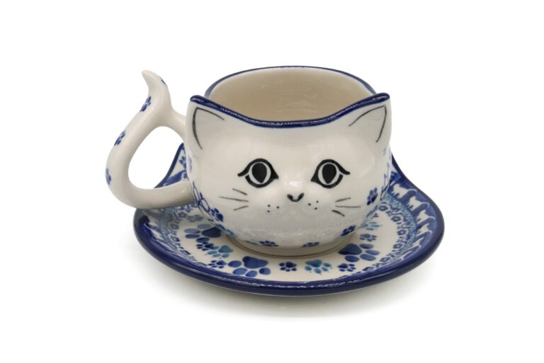Kocia filiżanka ze spodkiem, wzór Koty 2, Ceramika Bolesławiec