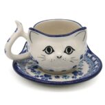 Kocia filiżanka ze spodkiem, wzór Koty 2, Ceramika Bolesławiec