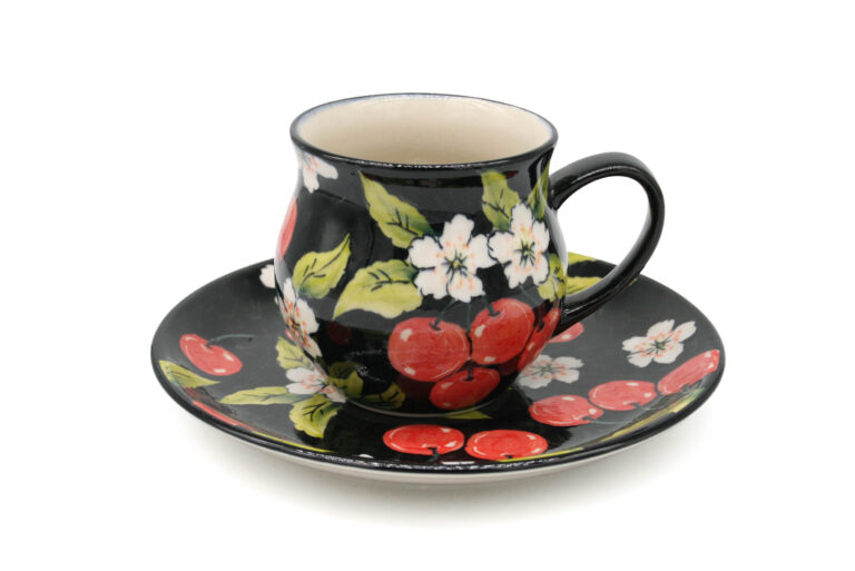 Unikatowy komplet kubek i talerz Ciemna Wiśnia, Ceramika Bolesławiec