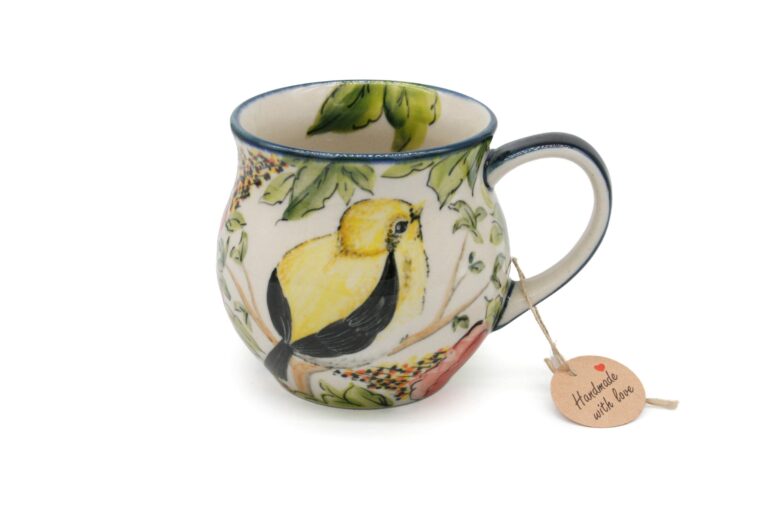Unikatowy kubek Żółty Ptaszek i Czerwone Kwiaty, Ceramika Bolesławiec