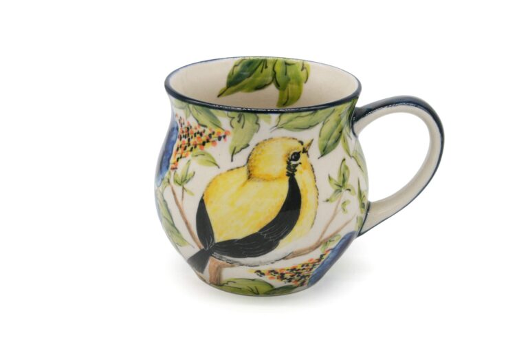 Unikatowy kubek Żółty Ptaszek i Granatowe Kwiaty, Ceramika Bolesławiec